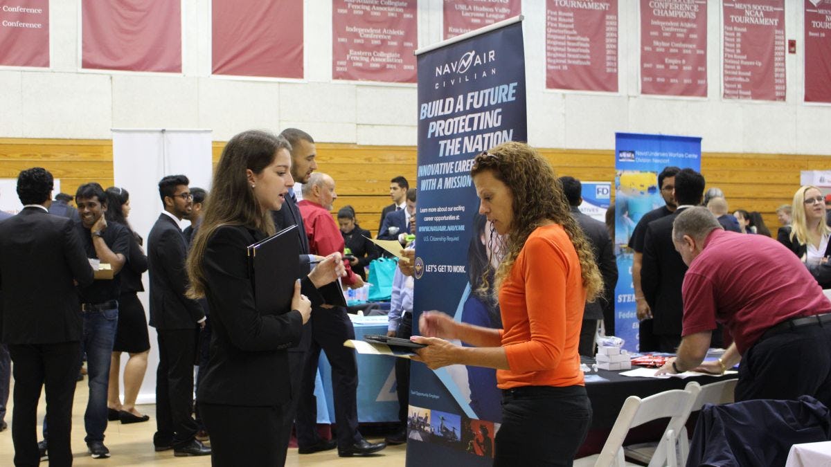 Stevens students and recruiters interacting in the Schaefer Athletic Center