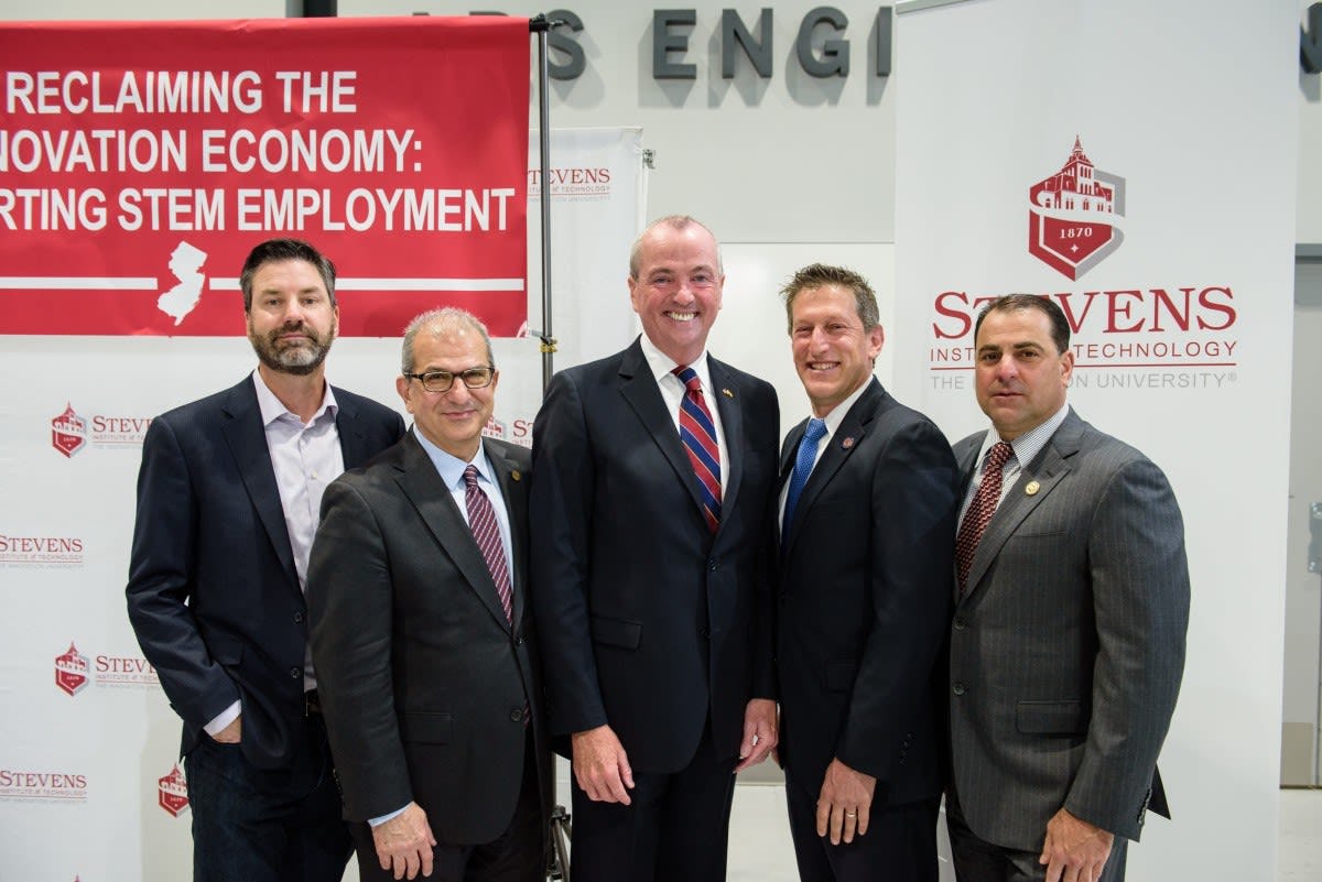 left to right: WorkWave CEO Chris Sullens, President Nariman Farvardin, Governor Phil Murphy, Assemblyman Andrew Zwicker and Senate Deputy Majority Leader Paul Sarlo