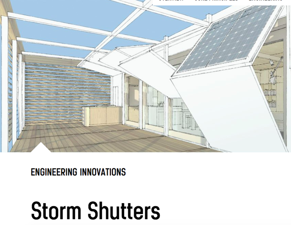 Detail of SURE HOUSE solar home's storm shutters