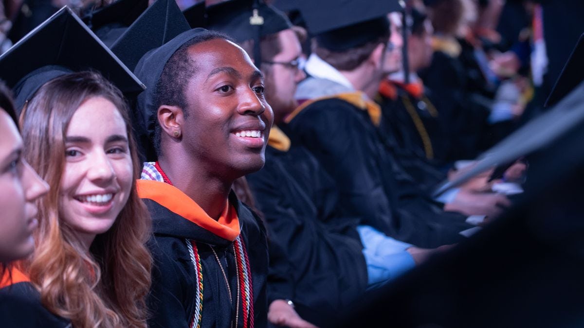 A row of Stevens Institute of Technology undergraduate students seated during the commencement ceremony