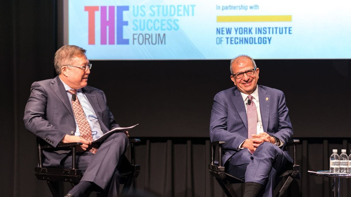 On stage, from left to right: Junius Gonzales, provost and vice president of academic affairs at New York Institute of Technology, and Stevens Institute of Technology President Nariman Farvardin