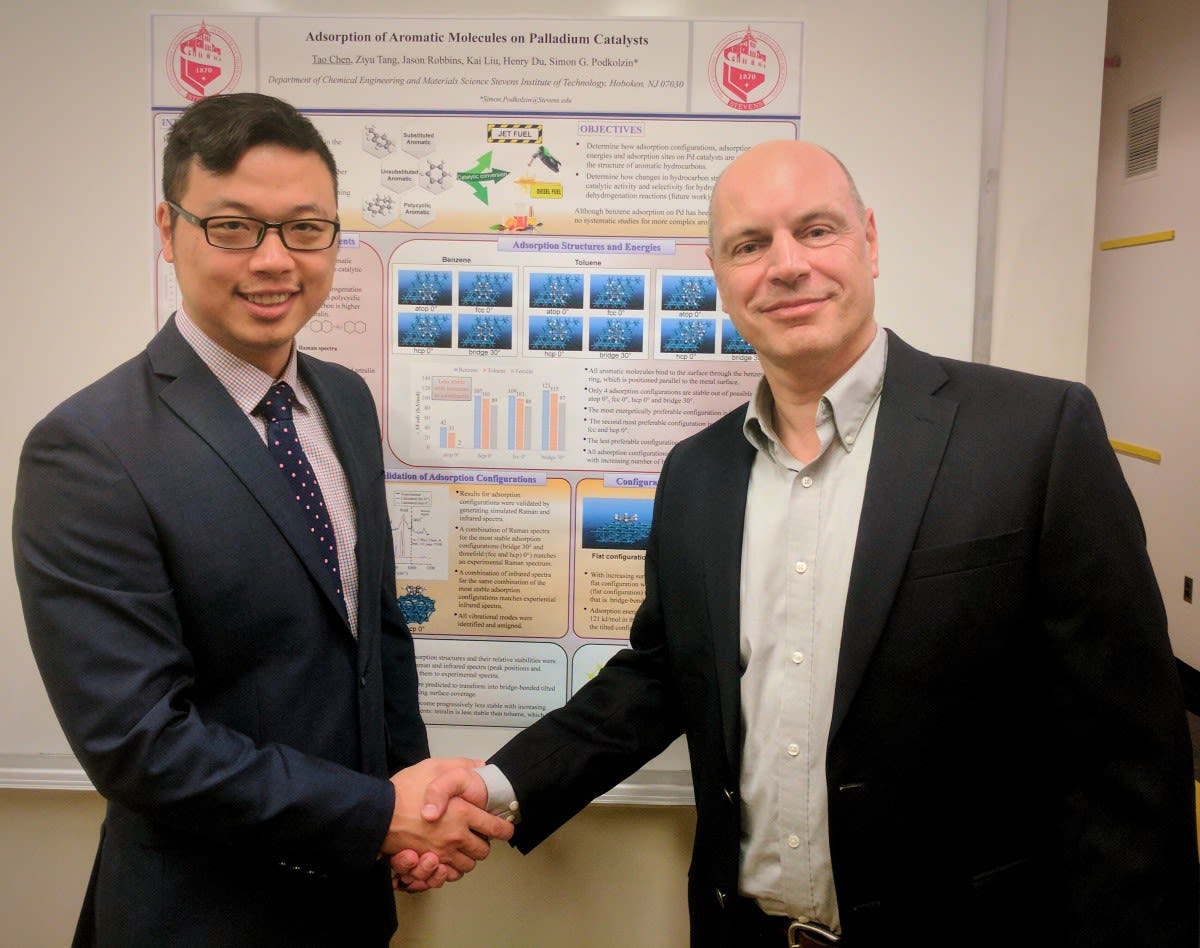 ao Chen congratulated by his advisor, Prof. Simon Podkolzin, for winning the 2017 best research presentation award by the Catalysis Society of Metropolitan New York