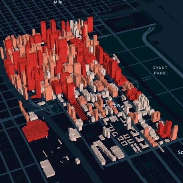 downtown Chicago heat data, presented as bar graphs upon a map of the city