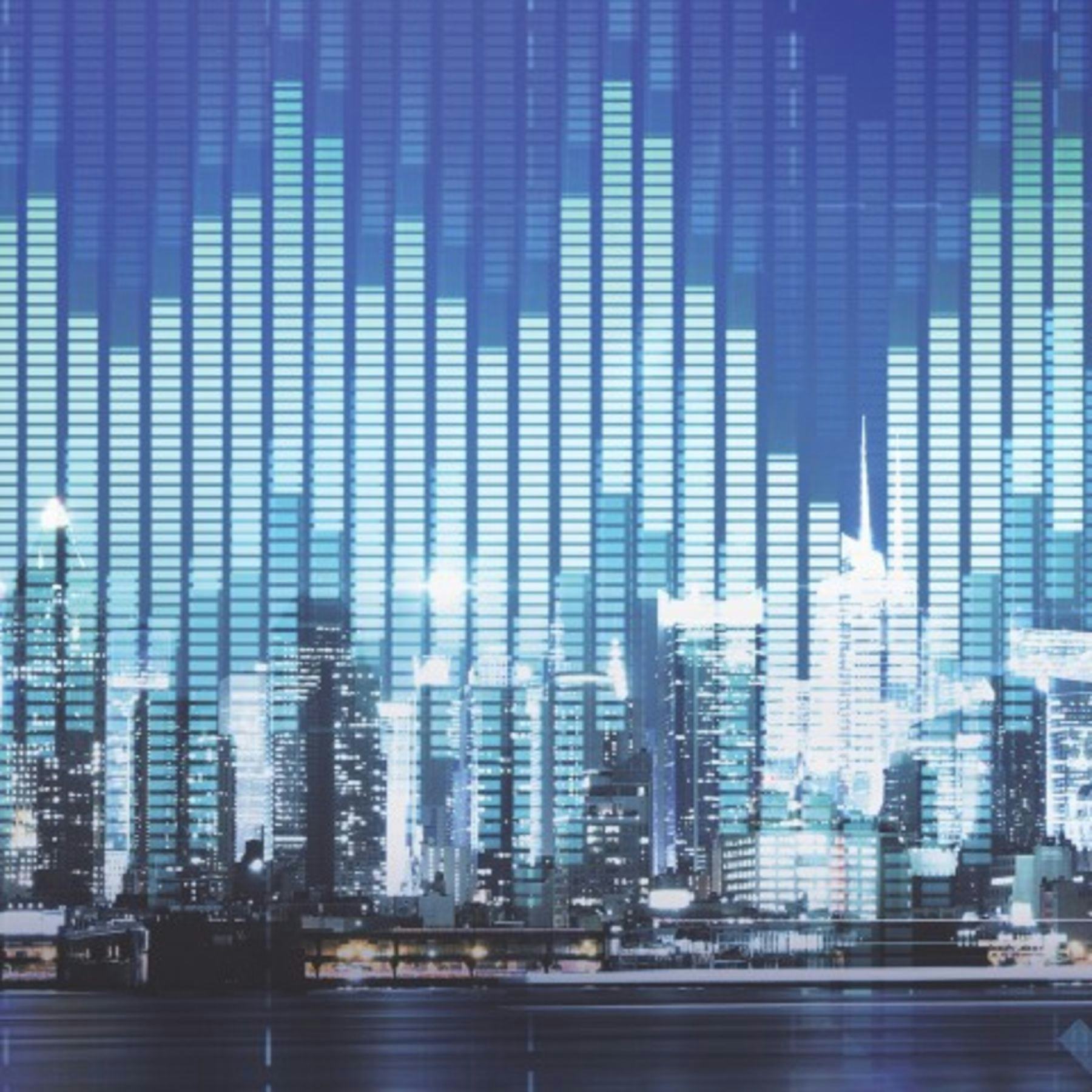 Graphs superimposed on city skyline