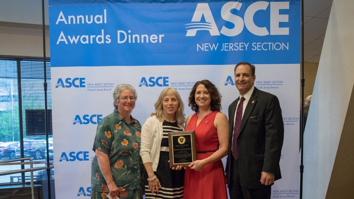 Fassman-Beck honored at the 2018 ASCE New Jersey awards dinner. Stevens attendees from left to right: Robbie Cohen, Leslie Brunell, Elizabeth Fassman-Beck, and Bob Maffia