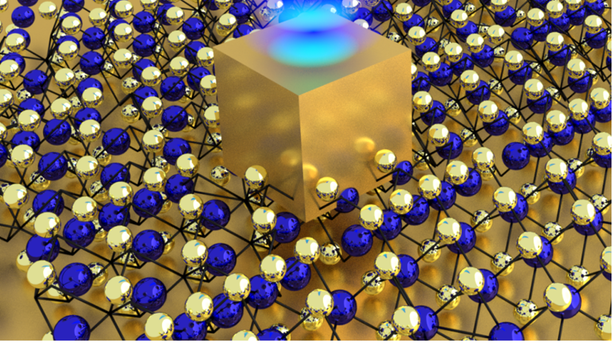 A single gold nanocube sits on top of an atom-thin material made of unique semiconductor crystals. The five nm gap is created between the bottom side of the gold nanocube and the gold mirror below it, concentrating enough energy to create a stream of phot