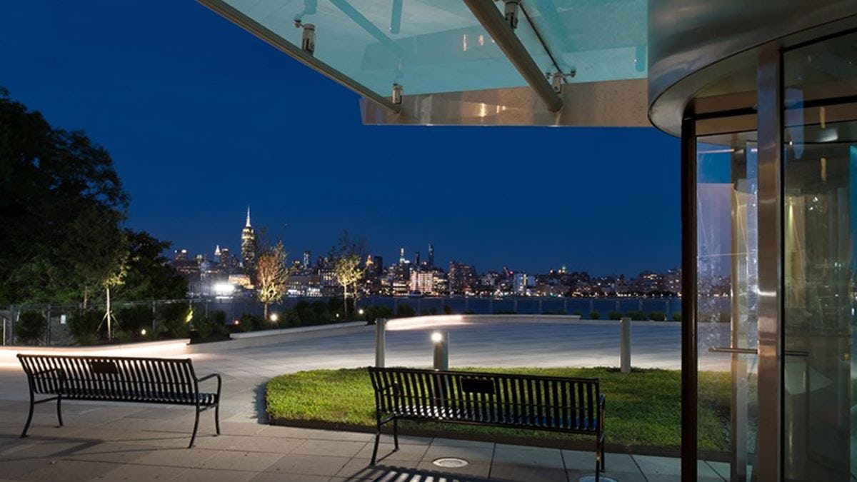 The New York City skyline as seen from the Babbio Center at Stevens Institute of Technology.