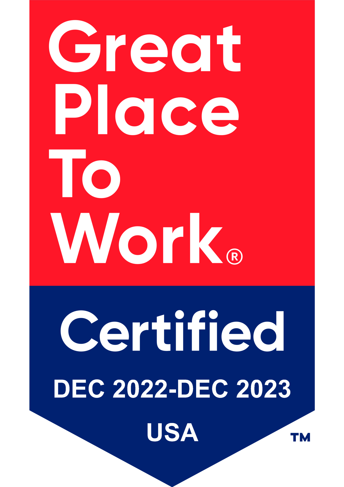 Ribbon stating Great Place to Work®. Certified December 2022 to December 2023