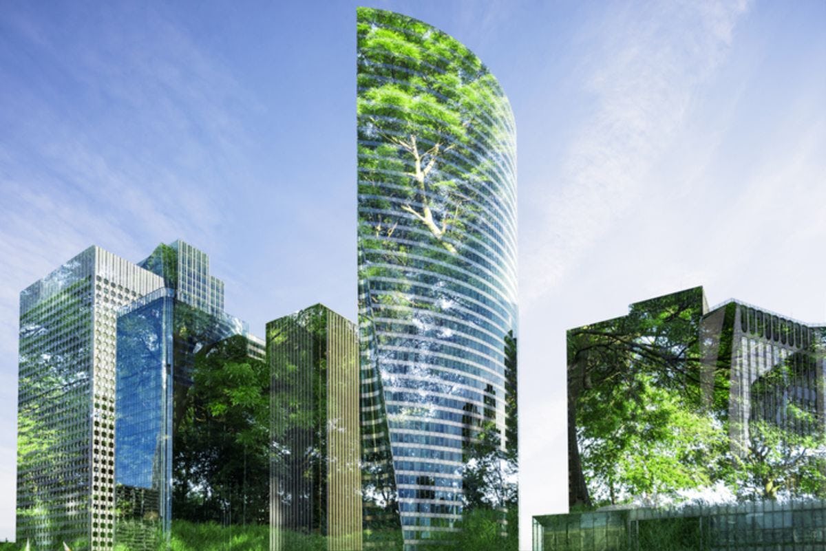 green futuristic skyscrapers 