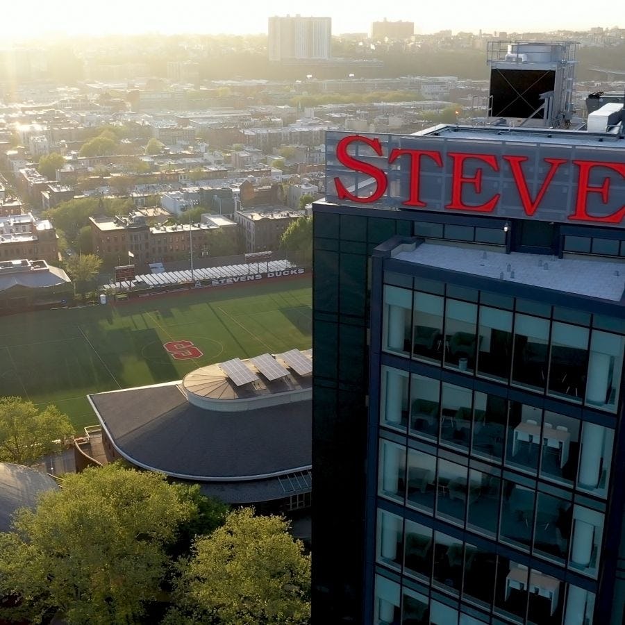Aerial photo of Stevens University Center Complex with Hoboken, New Jersey in the background